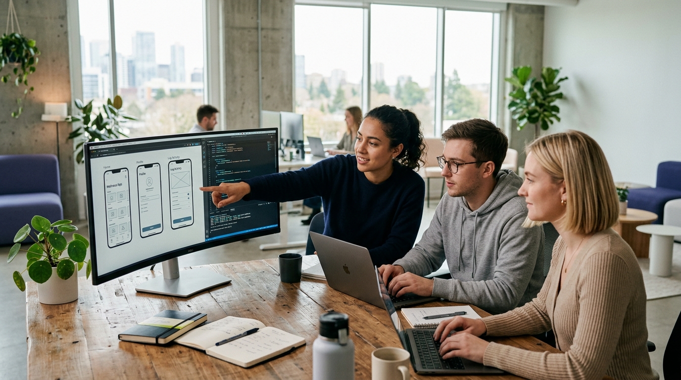 Software development team collaborating