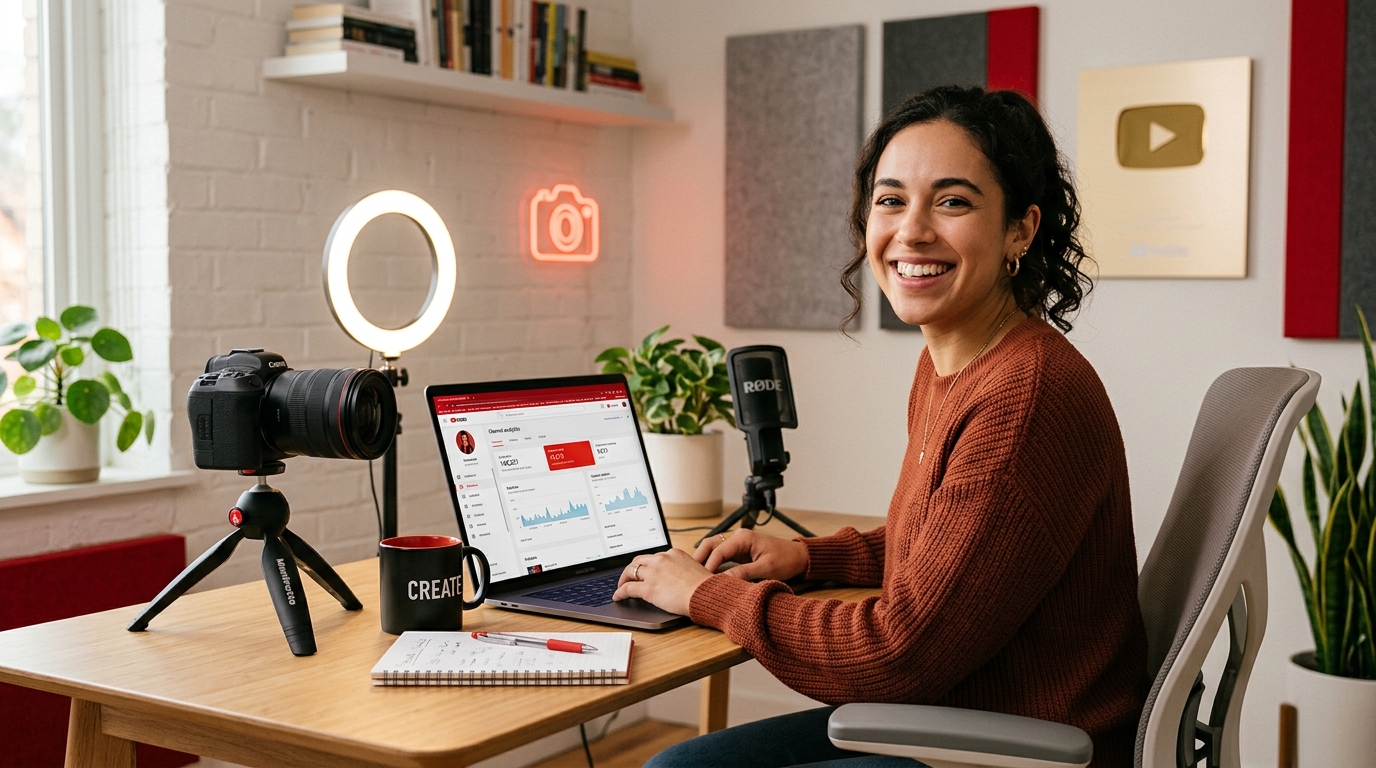 Young creator at a desk setup filming YouTube content